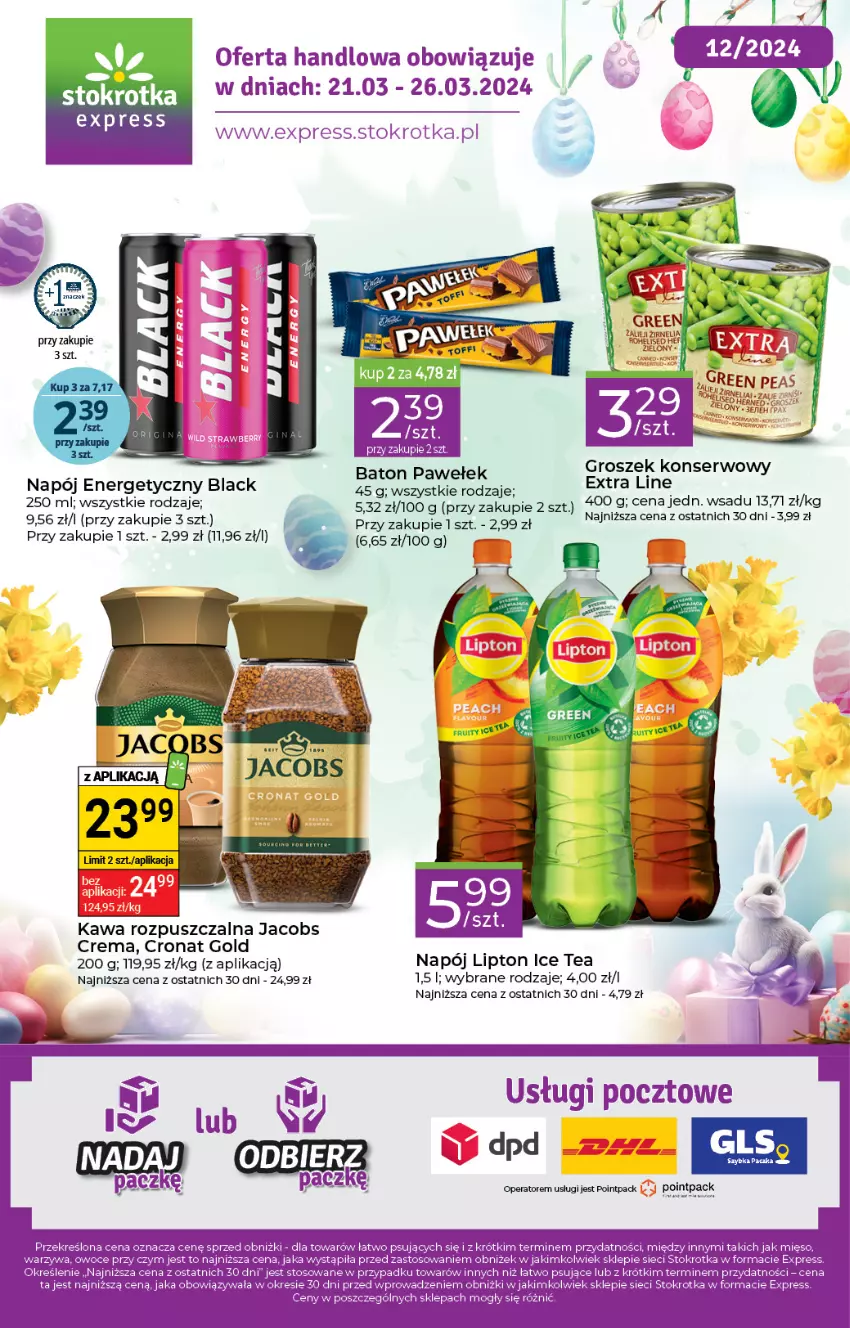 Gazetka promocyjna Stokrotka - Express - ważna 21.03 do 26.03.2024 - strona 1 - produkty: Baton, Groszek, Ice tea, Jacobs, Kawa, Kawa rozpuszczalna, Lack, Lipton, Napój, Napój energetyczny, Ser