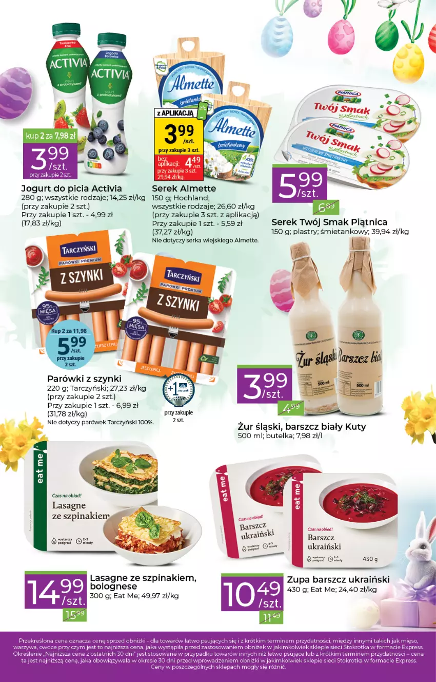 Gazetka promocyjna Stokrotka - Express - ważna 21.03 do 26.03.2024 - strona 2 - produkty: Activia, Almette, Hochland, Lasagne, Parówki, Parówki z szynki, Piątnica, Ser, Serek, Szpinak, Tarczyński, Twój Smak, Zupa