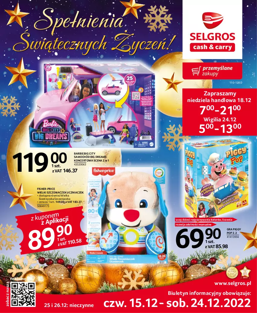 Gazetka promocyjna Selgros - Oferta przemysłowa - ważna 15.12 do 31.12.2022 - strona 1 - produkty: Barbie, Dzieci, Fisher-Price, Gra, LG, Samochód, Szczeniaczek uczniaczek