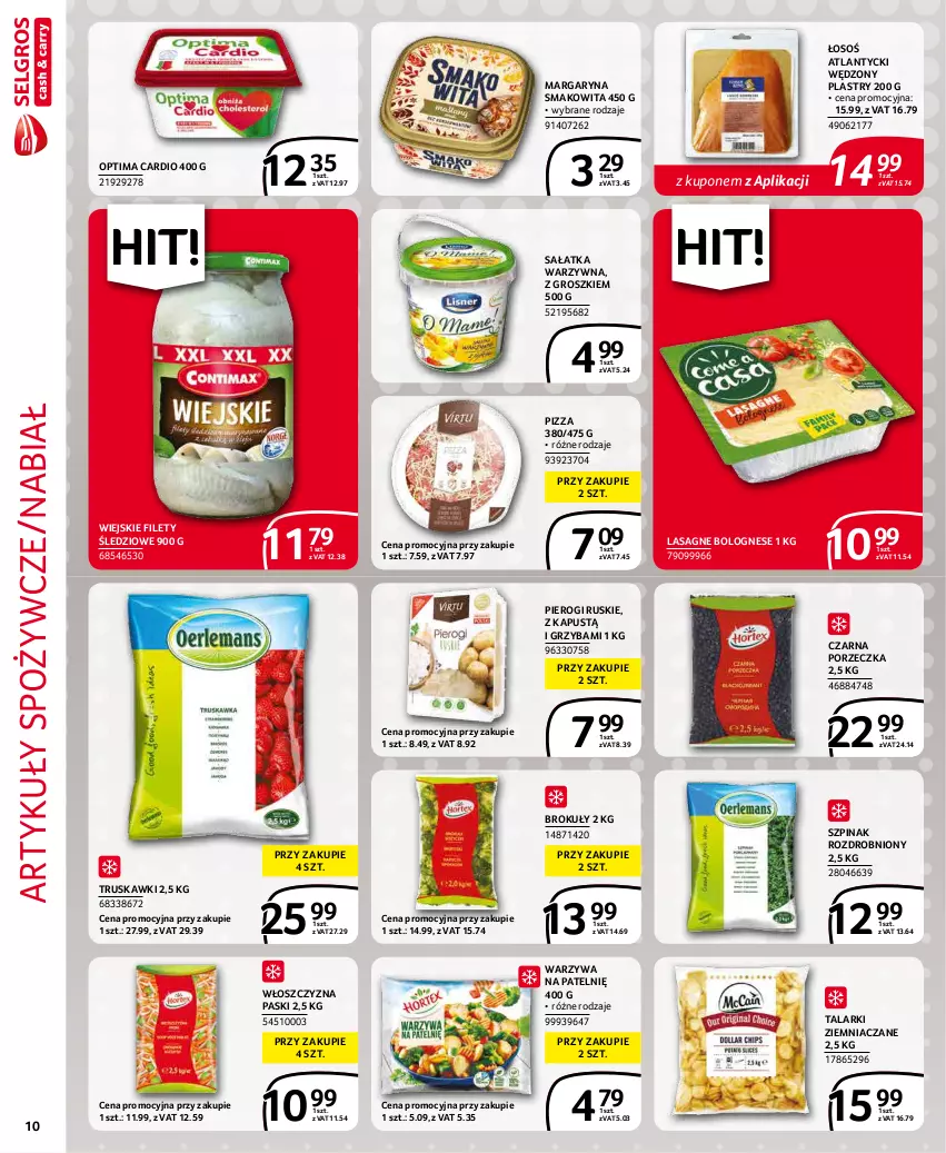 Gazetka promocyjna Selgros - Extra Oferta - ważna 01.01 do 31.01.2022 - strona 10 - produkty: Artykuły spożywcze, Brokuły, Kapustą, Lasagne, Lasagne bolognese, Margaryna, Optima, Optima Cardio, Pierogi, Pizza, Por, Sałat, Sałatka, Sałatka warzywna, Smakowita, Szpinak, Truskawki, Warzywa