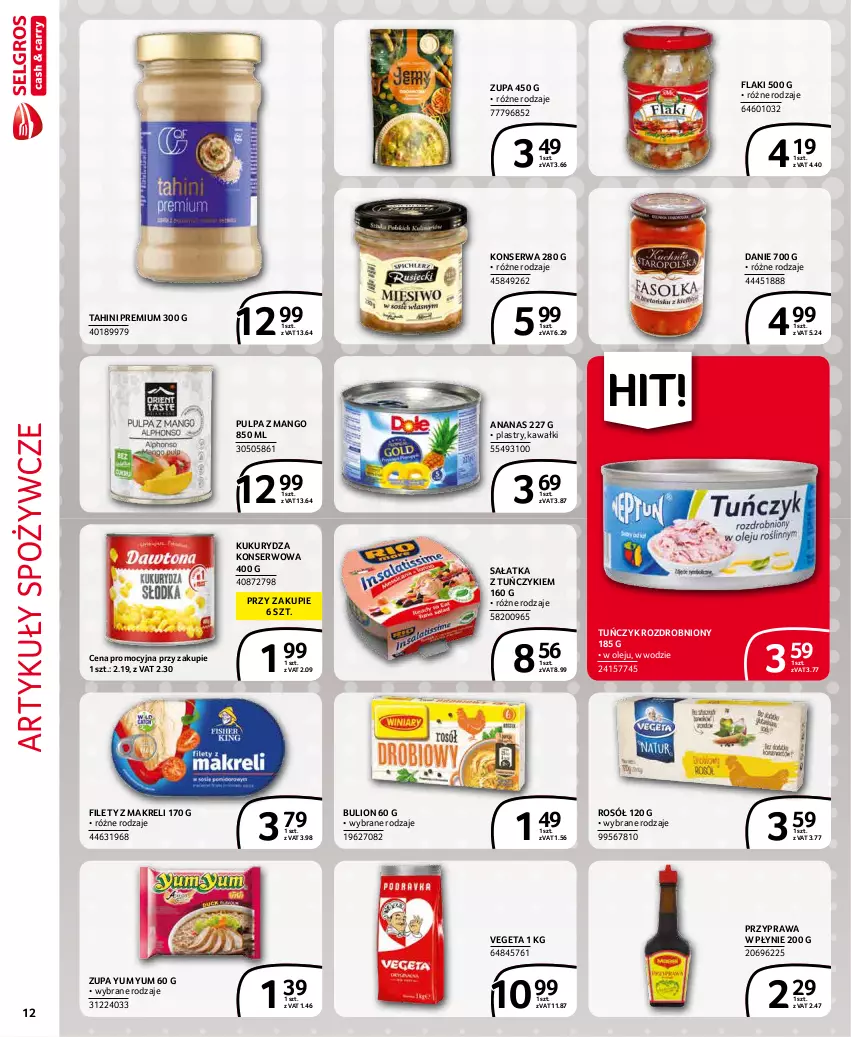 Gazetka promocyjna Selgros - Extra Oferta - ważna 01.01 do 31.01.2022 - strona 12 - produkty: Ananas, Artykuły spożywcze, Bulion, Flaki, Kawa, Kukurydza, Kukurydza konserwowa, Lion, Mango, Olej, Przyprawa w płynie, Rosół, Sałat, Sałatka, Ser, Tuńczyk, Vegeta, Zupa