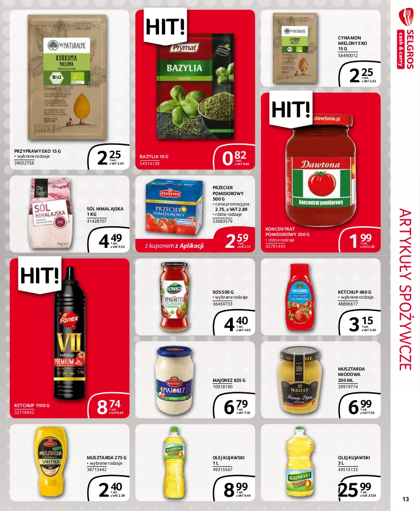 Gazetka promocyjna Selgros - Extra Oferta - ważna 01.01 do 31.01.2022 - strona 13 - produkty: Artykuły spożywcze, Bazyl, Bazylia, Ketchup, Koncentrat pomidorowy, Kujawski, Majonez, Mus, Musztarda, Olej, Przyprawy, Sól, Sól himalajska, Sos