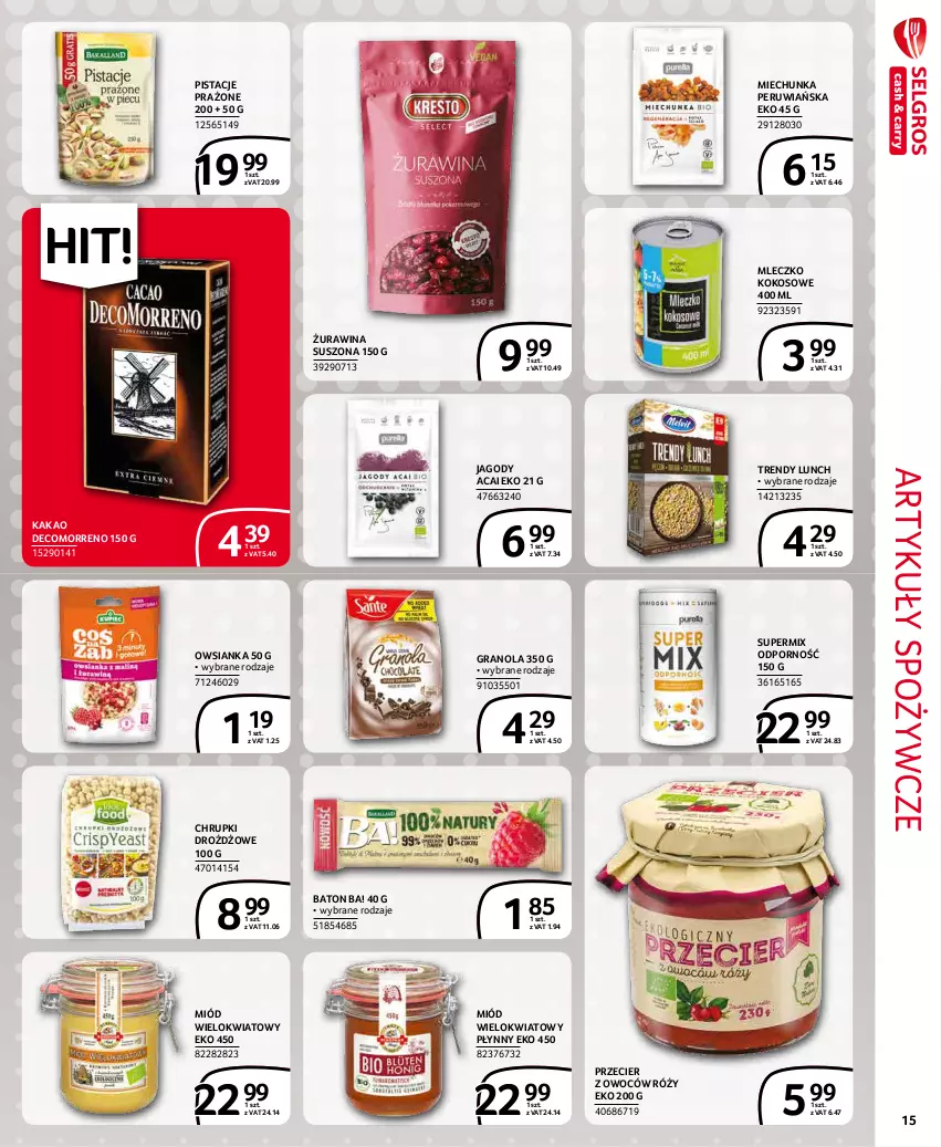 Gazetka promocyjna Selgros - Extra Oferta - ważna 01.01 do 31.01.2022 - strona 15 - produkty: Artykuły spożywcze, Ba!, Baton, Chrupki, Gra, Granola, Jagody, Kakao, Kokos, Miód, Mleczko, Owsianka, Pistacje, Por