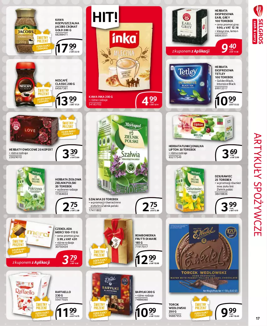 Gazetka promocyjna Selgros - Extra Oferta - ważna 01.01 do 31.01.2022 - strona 17 - produkty: Artykuły spożywcze, Baryłki, Czekolada, Earl Grey, Fa, Herbata, Inka, Jacobs, Kawa, Kawa rozpuszczalna, Lack, Lipton, Merci, Nescafé, Raffaello, Tetley