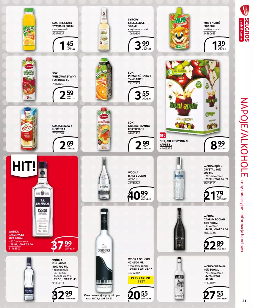 Gazetka promocyjna Selgros - Extra Oferta - ważna 01.01 do 31.01.2022 - strona 21 - produkty: Alkohole, Biały Bocian, Finlandia, Fortuna, Hortex, Kubuś, Mus, Napoje, Nektar, Ogiński, Sok, Sok jabłkowy, Sok pomarańczowy, Syrop, Syropy, Tymbark, Wataha, Wódka