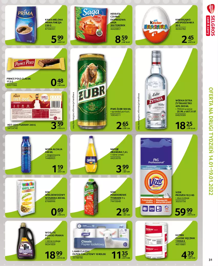 Gazetka promocyjna Selgros - Extra Oferta - ważna 01.01 do 31.01.2022 - strona 31 - produkty: Gin, Herbata, Herbata czarna, Kawa, Kawa mielona, Kinder, Napoje, Papier, Papier toaletowy, Piwo, Płyn do prania, Prima, Prince Polo, Ręcznik, Saga, Sok, Tymbark, Vizir, Woda, Wódka, Woolite