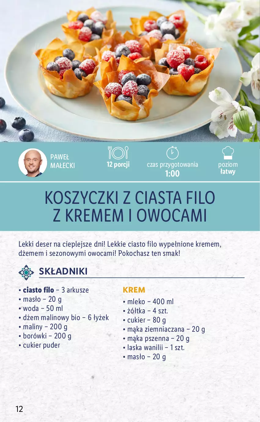 Gazetka promocyjna Lidl - KATALOG ORIENTALNY - ważna 19.04 do 23.04.2022 - strona 12 - produkty: Cukier, Cukier puder, Deser, Dżem, Koc, Kosz, Mąka, Mąka pszenna, Maliny, Masło, Mleko, Por, Puder, Ser, Woda