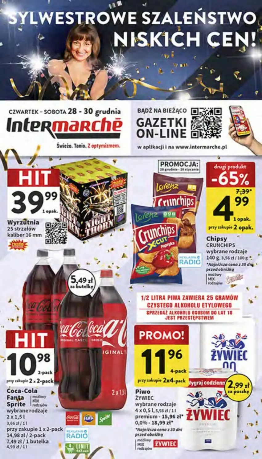 Gazetka promocyjna Intermarche - ważna 28.12.2023 do 03.01.2024 - strona 1 - produkty: Chipsy, Coca-Cola, Crunchips, Fa, Piwo, Sprite, Strzałów, Szal