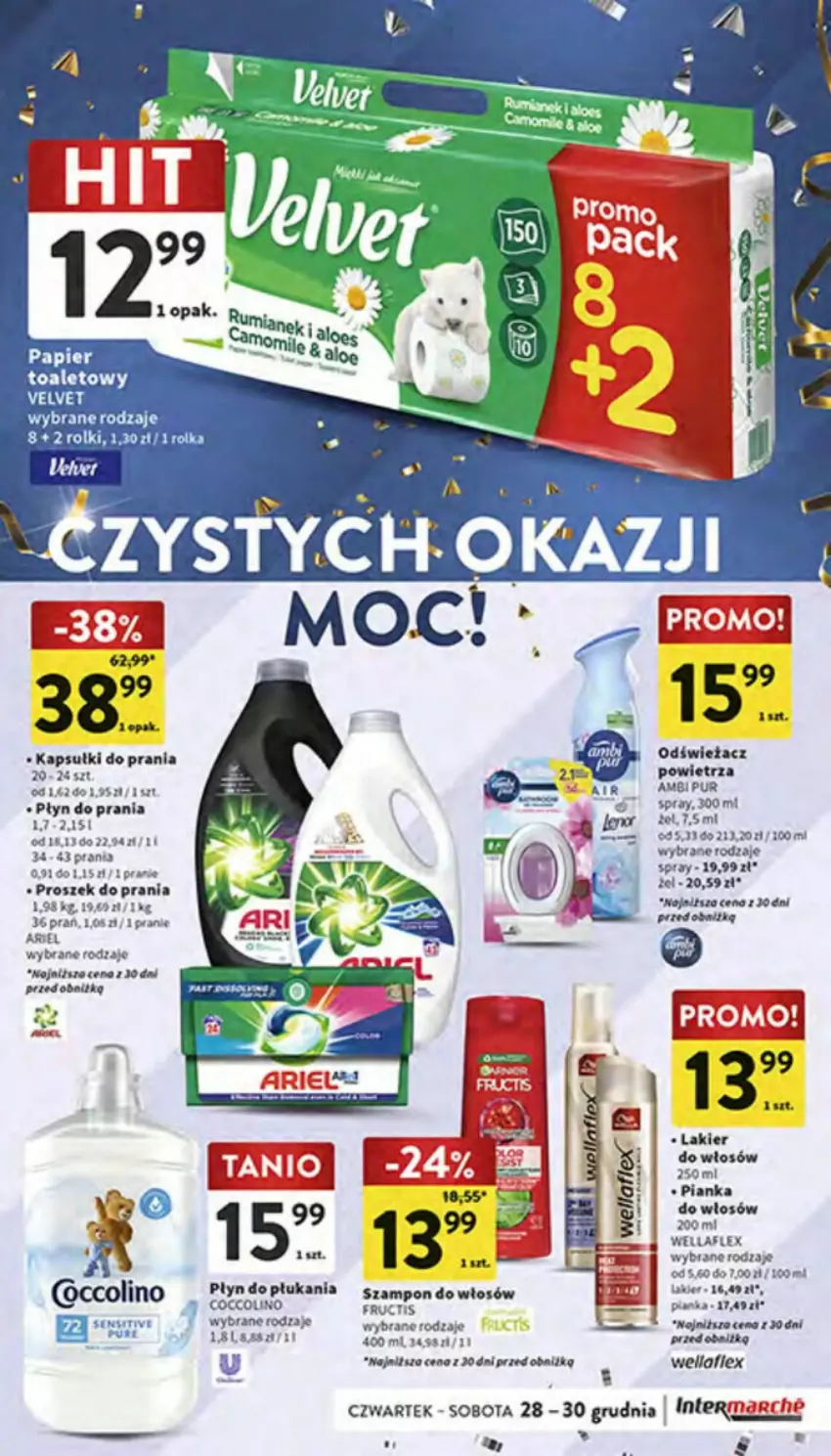 Gazetka promocyjna Intermarche - ważna 28.12.2023 do 03.01.2024 - strona 20 - produkty: Ambi Pur, Ariel, Fa, Fructis, Kapsułki do prania, Lakier, Lakier do włosów, Pianka do włosów, Płyn do płukania, Pur, Rolki, Velvet, Wella