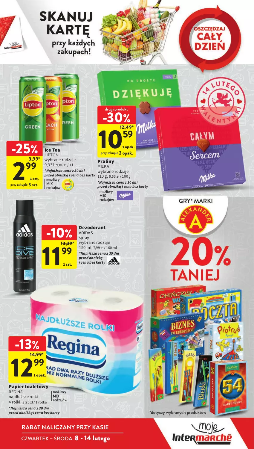 Gazetka promocyjna Intermarche - Gazetka Intermarche - ważna 08.02 do 14.02.2024 - strona 11 - produkty: Adidas, Dezodorant, Gin, Ice tea, Lipton, Milka, Papier, Papier toaletowy, Praliny, Rolki