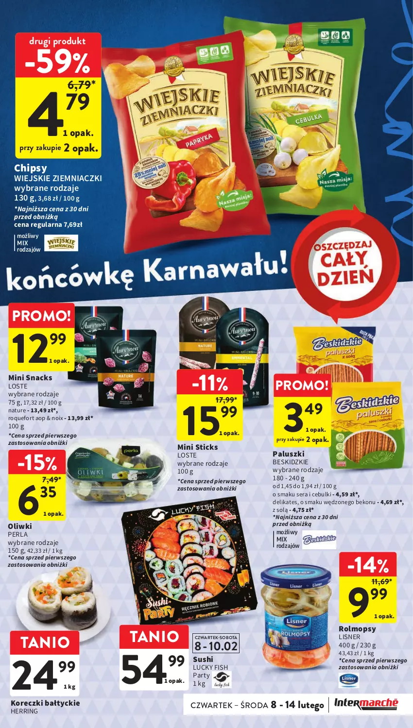 Gazetka promocyjna Intermarche - Gazetka Intermarche - ważna 08.02 do 14.02.2024 - strona 13 - produkty: Beko, Beskidzki, Chipsy, Lisner, Mop, Oliwki, Roquefort, Ser, Sushi