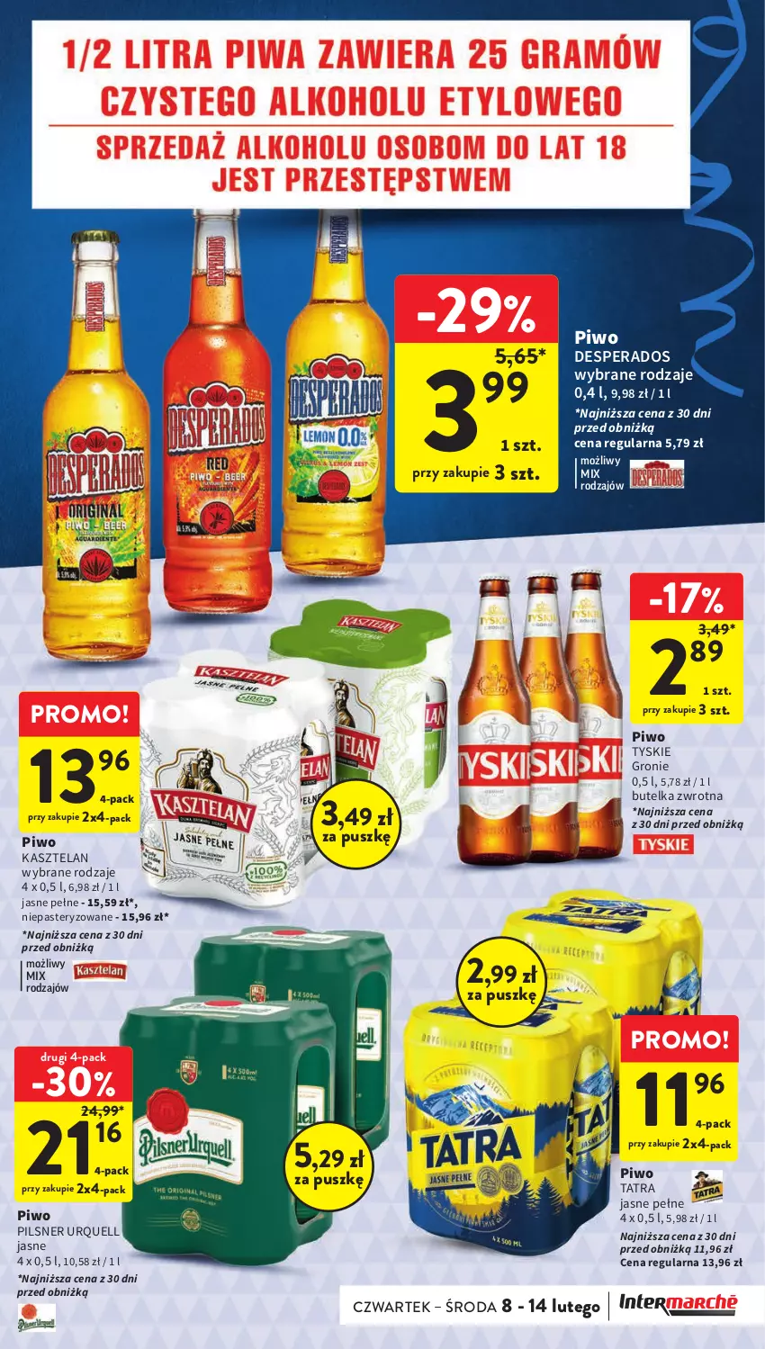 Gazetka promocyjna Intermarche - Gazetka Intermarche - ważna 08.02 do 14.02.2024 - strona 15 - produkty: Desperados, Kasztelan, Pilsner Urquell, Piwo, Tatra, Tyskie