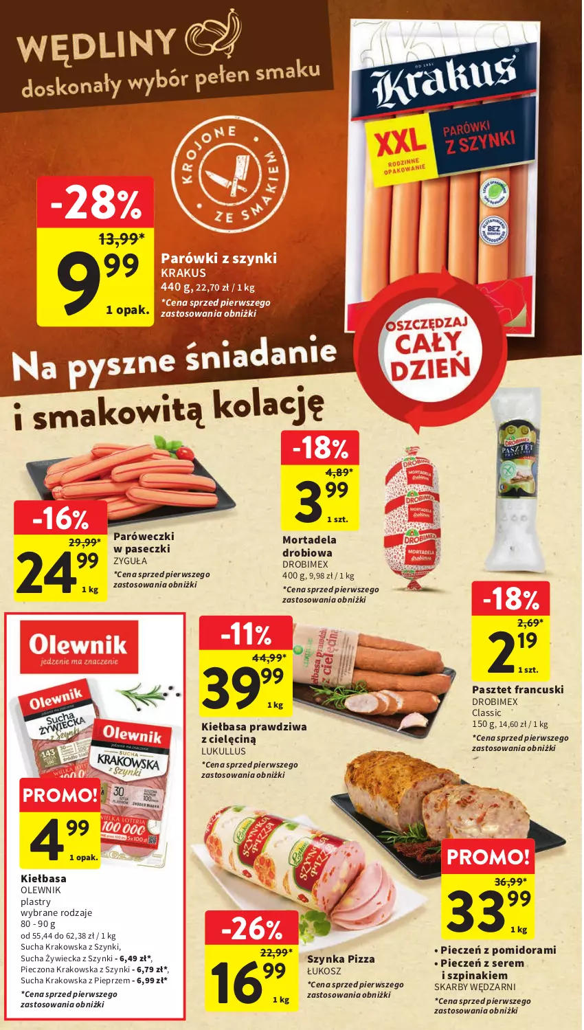 Gazetka promocyjna Intermarche - Gazetka Intermarche - ważna 08.02 do 14.02.2024 - strona 26 - produkty: Drobimex, Kiełbasa, Kosz, Krakus, Olewnik, Parówki, Parówki z szynki, Pasztet, Piec, Pieprz, Pizza, Ser, Szpinak, Szynka