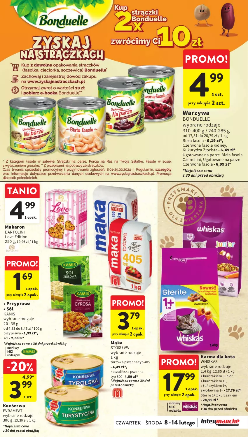 Gazetka promocyjna Intermarche - Gazetka Intermarche - ważna 08.02 do 14.02.2024 - strona 27 - produkty: Bonduelle, Fa, Fasola, Kamis, Kosz, Kukurydza, Kurczak, Mąka, Makaron, Ser, Sól, Szal, Tuńczyk, Warzywa, Whiskas