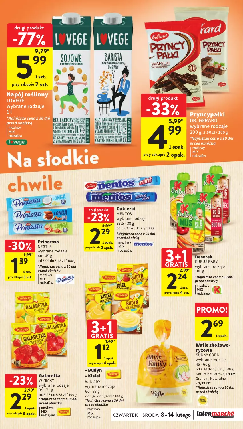 Gazetka promocyjna Intermarche - Gazetka Intermarche - ważna 08.02 do 14.02.2024 - strona 35 - produkty: Budyń, Cukier, Cukierki, Deser, Gala, Galaretka, Gra, Kisiel, Kubuś, Mentos, Napój, Napój roślinny, Princessa, Ryż, Ser, Serek, Wafle, Winiary