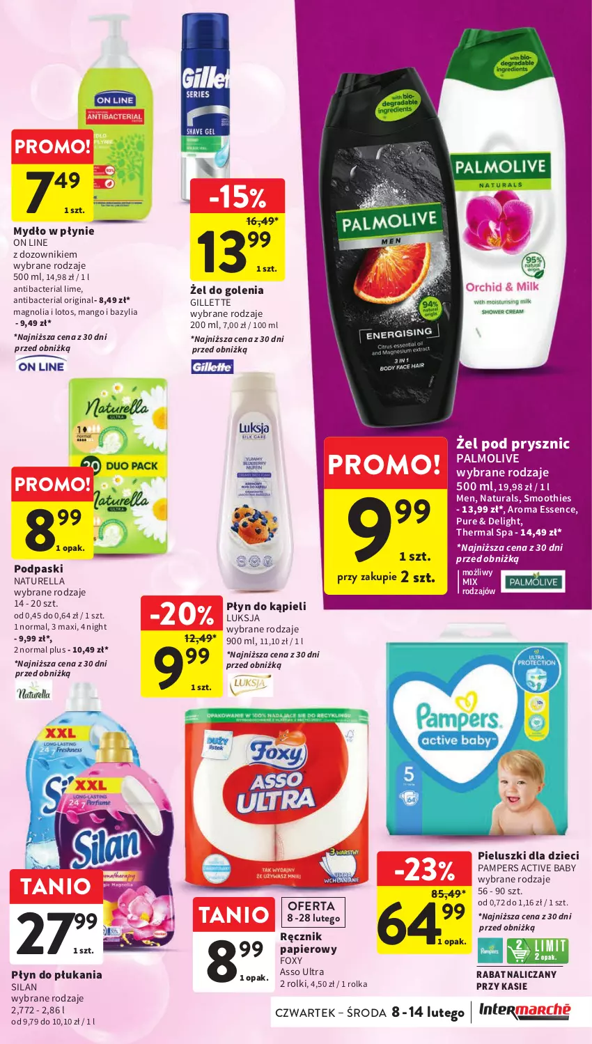 Gazetka promocyjna Intermarche - Gazetka Intermarche - ważna 08.02 do 14.02.2024 - strona 37 - produkty: Bazyl, Bazylia, Dozownik, Dzieci, Foxy, Gillette, Gin, Luksja, Mango, Mydło, Mydło w płynie, Naturell, Naturella, Palmolive, Pampers, Papier, Płyn do kąpieli, Płyn do płukania, Podpaski, Pur, Ręcznik, Rolki, Silan, Smoothie