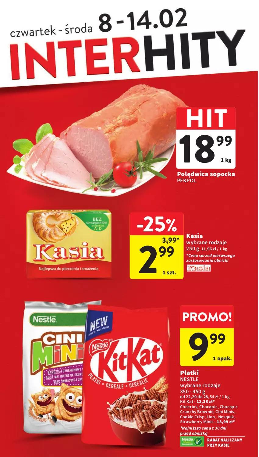 Gazetka promocyjna Intermarche - Gazetka Intermarche - ważna 08.02 do 14.02.2024 - strona 4 - produkty: Brownie, Cheerios, Cini Minis, Kasia, Kit Kat, Lion, Nesquik, Pekpol, Polędwica