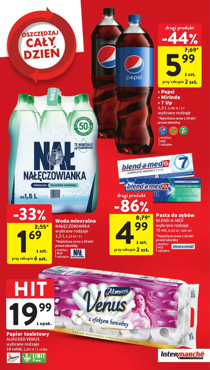 Gazetka promocyjna Intermarche - Gazetka Intermarche - ważna 08.02 do 14.02.2024 - strona 5 - produkty: Blend-a-Med, Mirinda, Mus, Nałęczowianka, Papier, Papier toaletowy, Pepsi, Venus, Woda, Woda mineralna