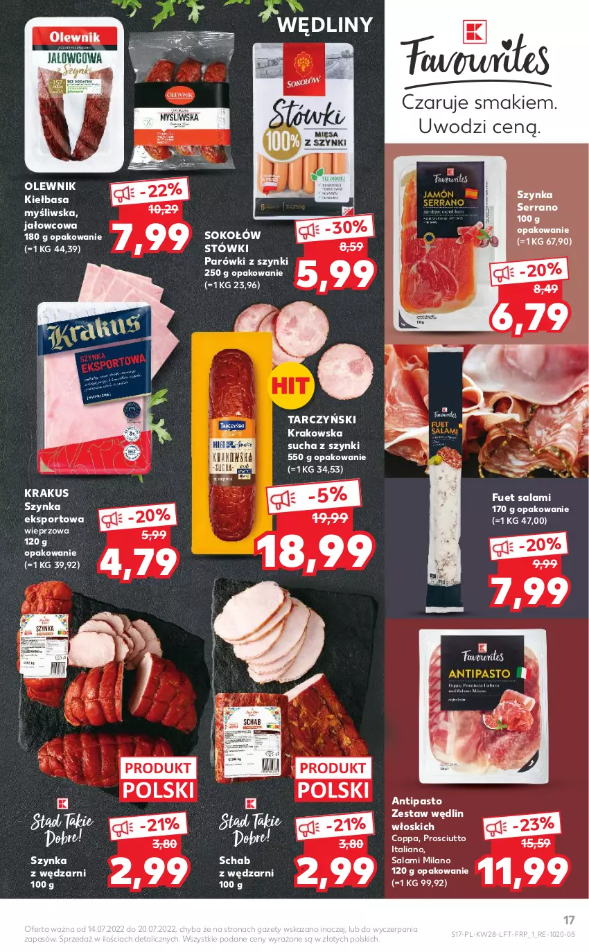 Gazetka promocyjna Kaufland - OFERTA TYGODNIA - ważna 14.07 do 20.07.2022 - strona 17 - produkty: Kiełbasa, Krakus, Olewnik, Parówki, Parówki z szynki, Por, Prosciutto, Salami, Ser, Sok, Sokołów, Sport, Szynka, Tarczyński