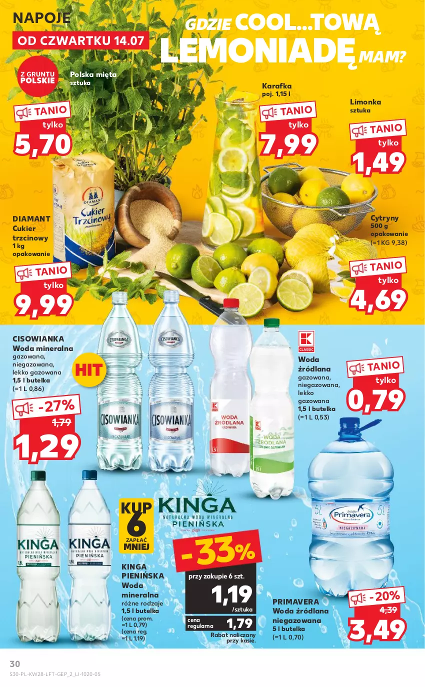 Gazetka promocyjna Kaufland - OFERTA TYGODNIA - ważna 14.07 do 20.07.2022 - strona 30 - produkty: Cisowianka, Cukier, Cukier trzcinowy, Cytryny, Diamant, Grunt, Karafka, LANA, Limonka, Mięta, Napoje, Prima, Primavera, Woda, Woda mineralna