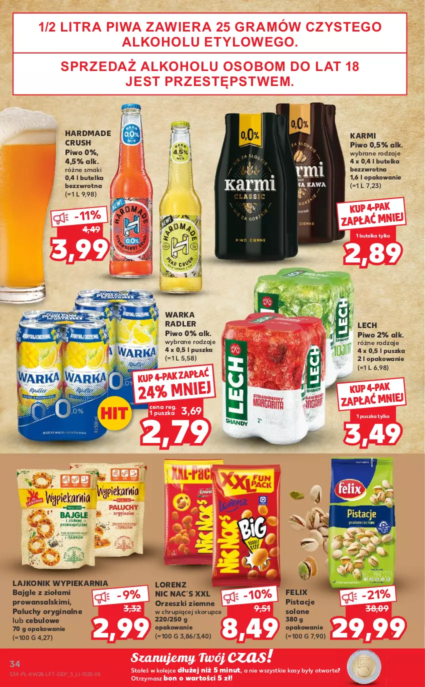 Gazetka promocyjna Kaufland - OFERTA TYGODNIA - ważna 14.07 do 20.07.2022 - strona 34 - produkty: Bajgle, Felix, Gin, Gra, Karmi, Lajkonik, Lorenz, Olej, Orzeszki, Orzeszki ziemne, Pistacje, Piwa, Piwo, Radler, Warka