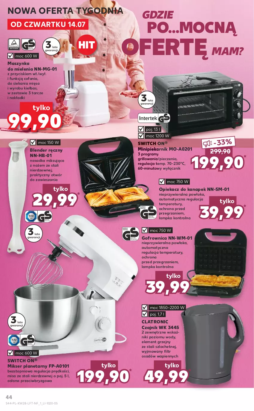 Gazetka promocyjna Kaufland - OFERTA TYGODNIA - ważna 14.07 do 20.07.2022 - strona 44 - produkty: Blender, Blender ręczny, Czajnik, Fa, Gofrownica, Gra, Grill, Maszynka, Maszynka do mielenia, Mikser, Minipiekarnik, Noż, Opiekacz do kanapek, Piec, Piekarnik, Ser, Szynka, Top