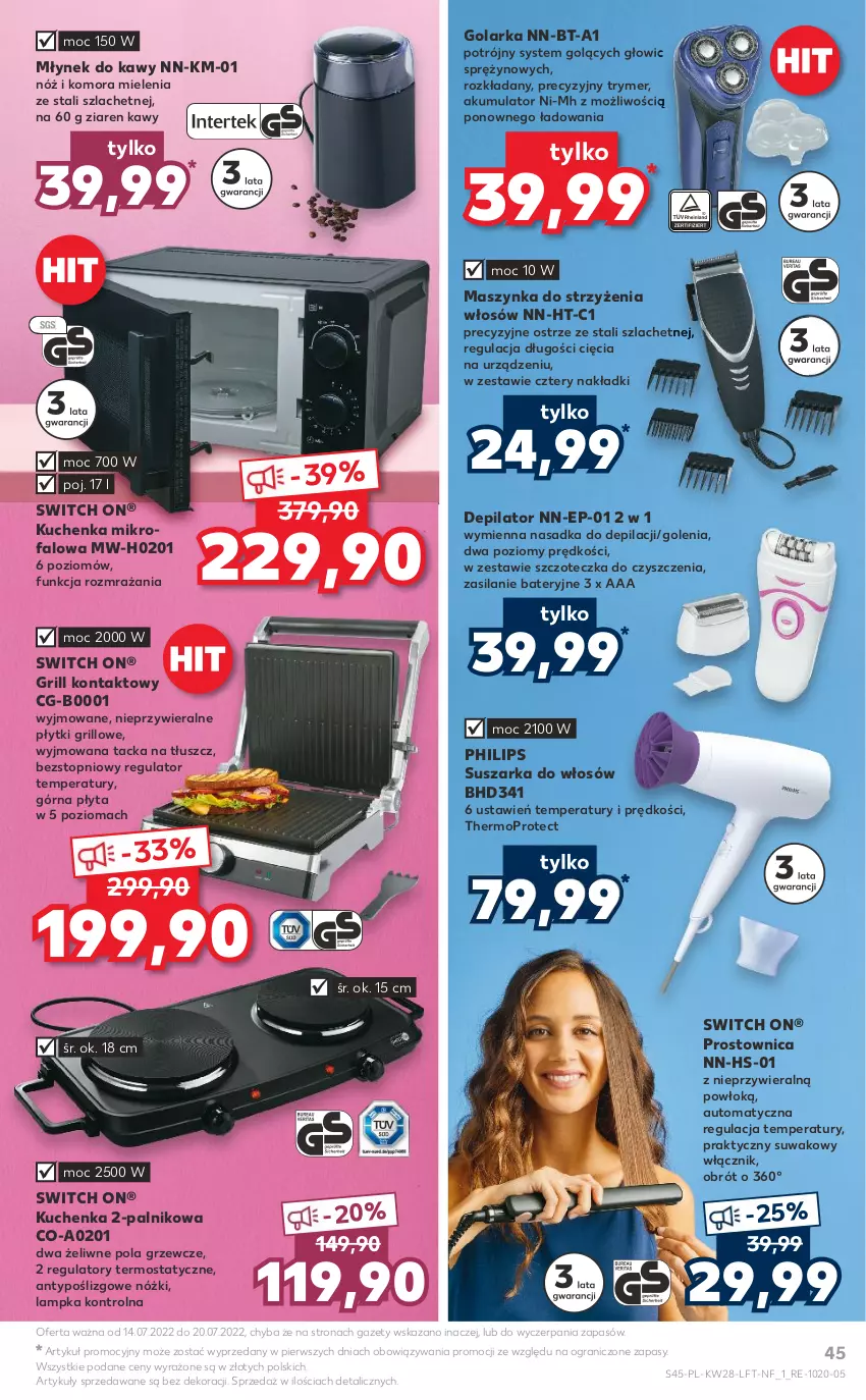 Gazetka promocyjna Kaufland - OFERTA TYGODNIA - ważna 14.07 do 20.07.2022 - strona 45 - produkty: Akumulator, Depilator, Fa, Golarka, Gra, Grill, Grill kontaktowy, Kuchenka mikrofalowa, Maszynka, Młynek, Młynek do kawy, Mop, Philips, Płyta, Silan, Suszarka, Szczoteczka, Szynka, Termos, Top