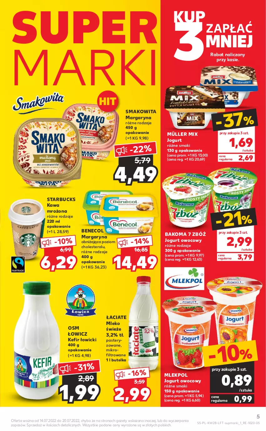 Gazetka promocyjna Kaufland - OFERTA TYGODNIA - ważna 14.07 do 20.07.2022 - strona 5 - produkty: Bakoma, Benecol, Jogurt, Jogurt owocowy, Kawa, Kefir, Margaryna, Mleko, Müller, Müller Mix, Smakowita