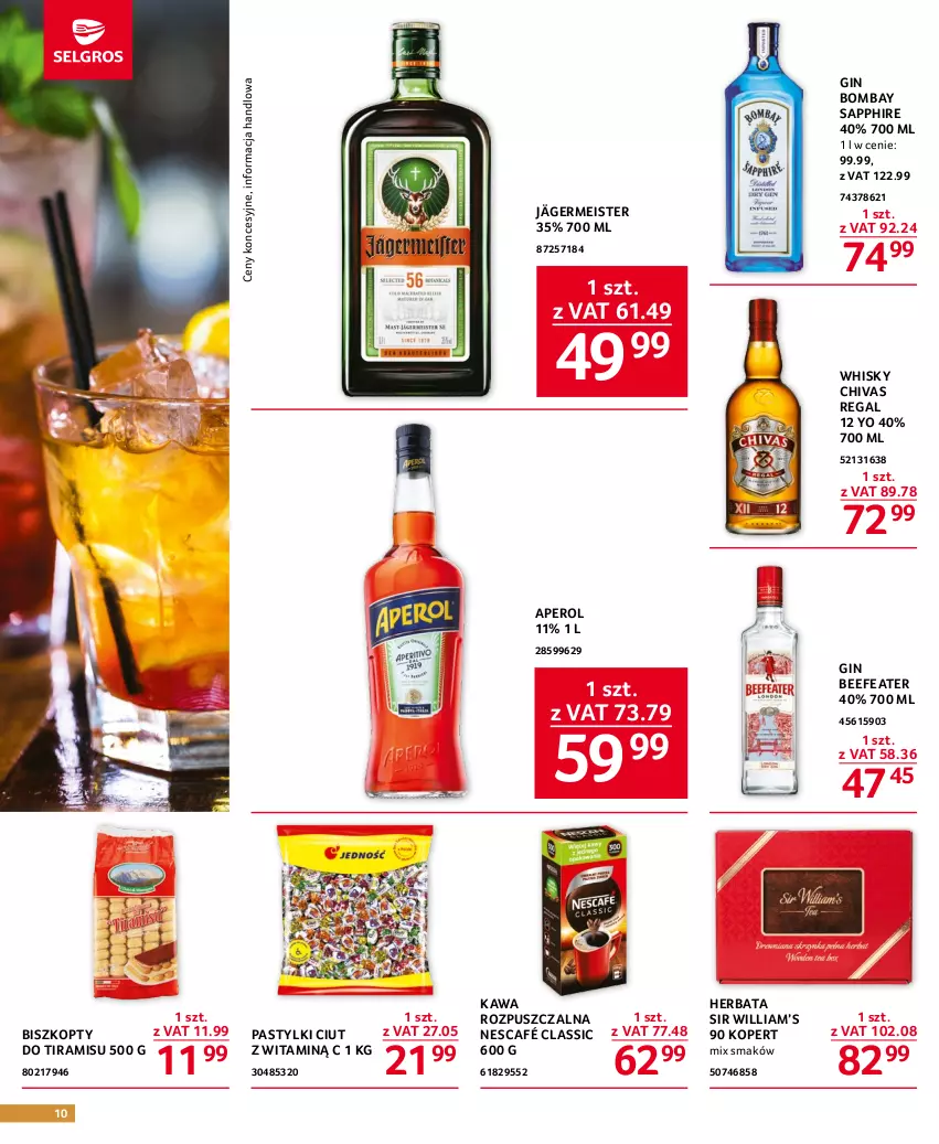 Gazetka promocyjna Selgros - Oferta gastronomiczna - ważna 04.05 do 17.05.2023 - strona 10 - produkty: Aperol, Biszkopty, Gin, Herbata, Kawa, Kawa rozpuszczalna, Nescafé, Pastylki, Whisky