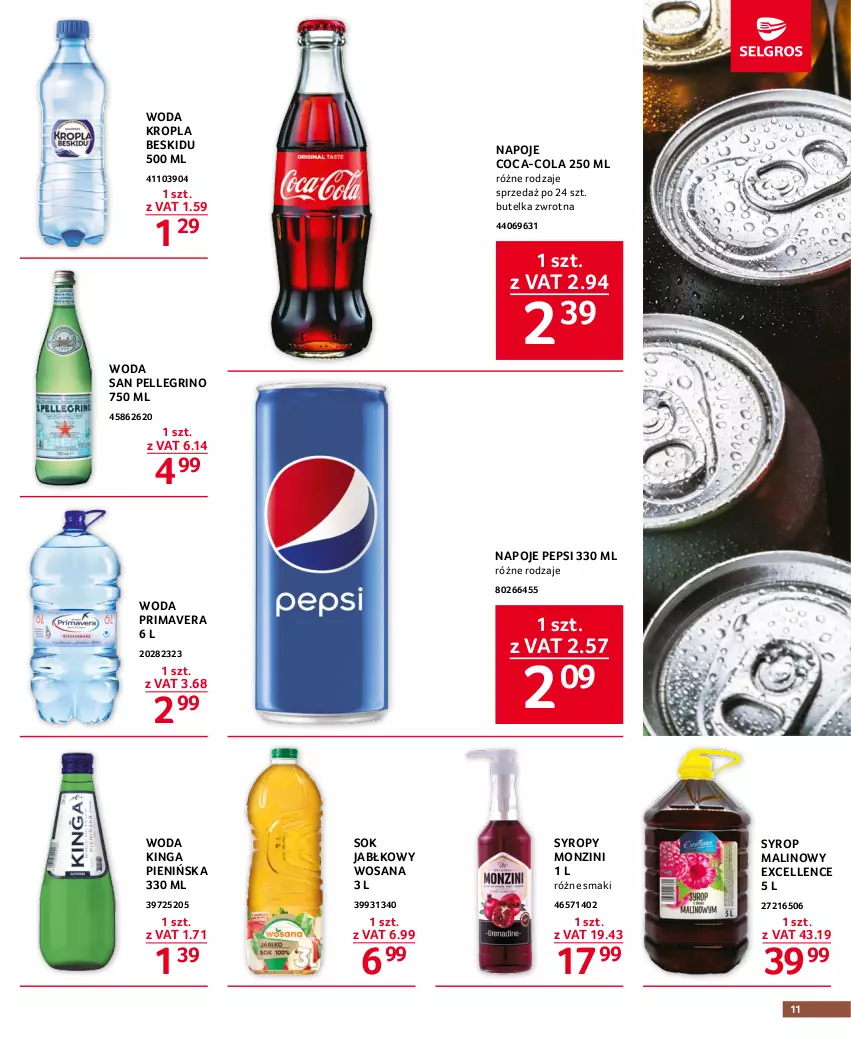 Gazetka promocyjna Selgros - Oferta gastronomiczna - ważna 04.05 do 17.05.2023 - strona 11 - produkty: Coca-Cola, Napoje, Pepsi, Prima, Primavera, Sok, Sok jabłkowy, Syrop, Syropy, Woda, Wosana