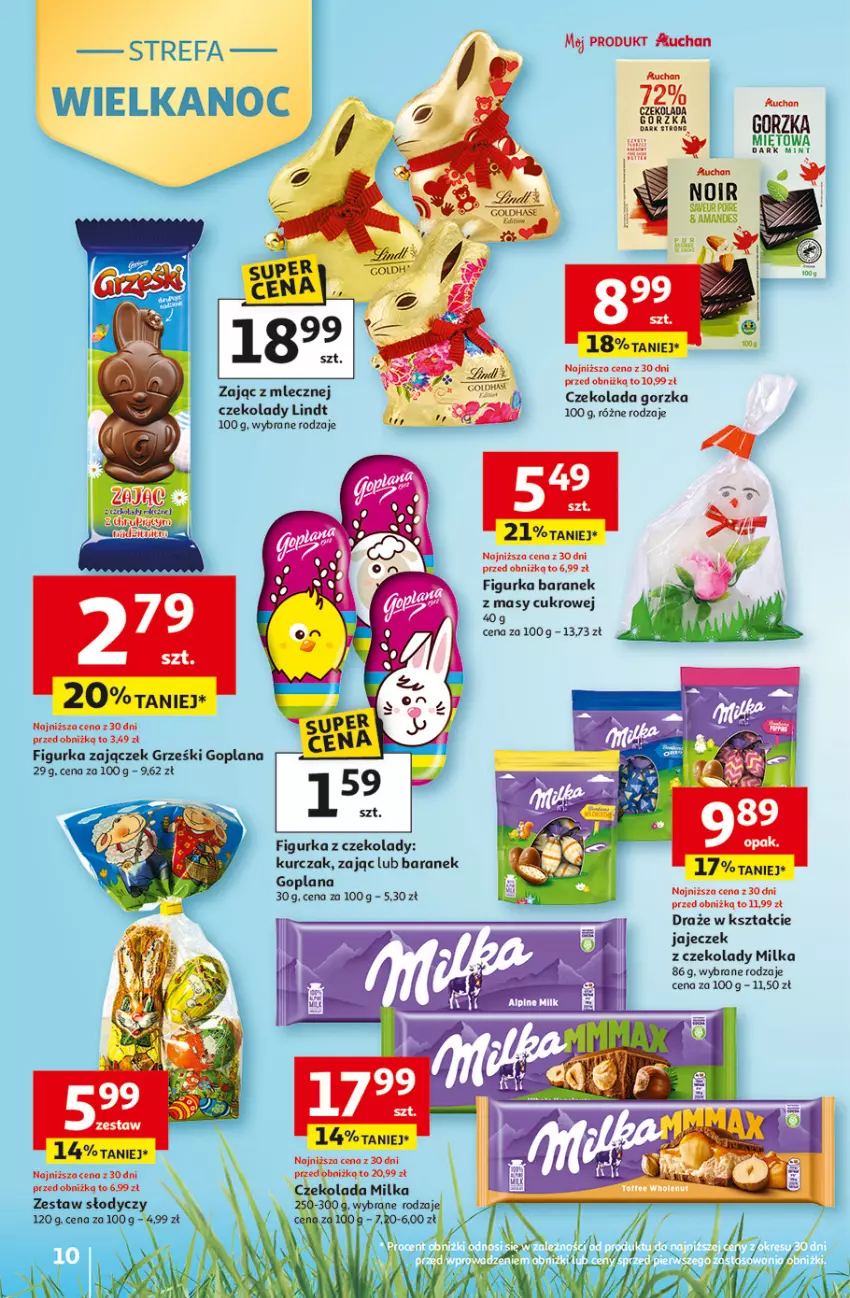 Gazetka promocyjna Auchan - Gazetka 30 Lat Hipermarket Auchan - ważna 26.03 do 30.03.2026 - strona 10 - produkty: Czekolada, Czekolada gorzka, Figurka z czekolady, Goplana, Grześki, Kurczak, LANA, Lindt, Milka