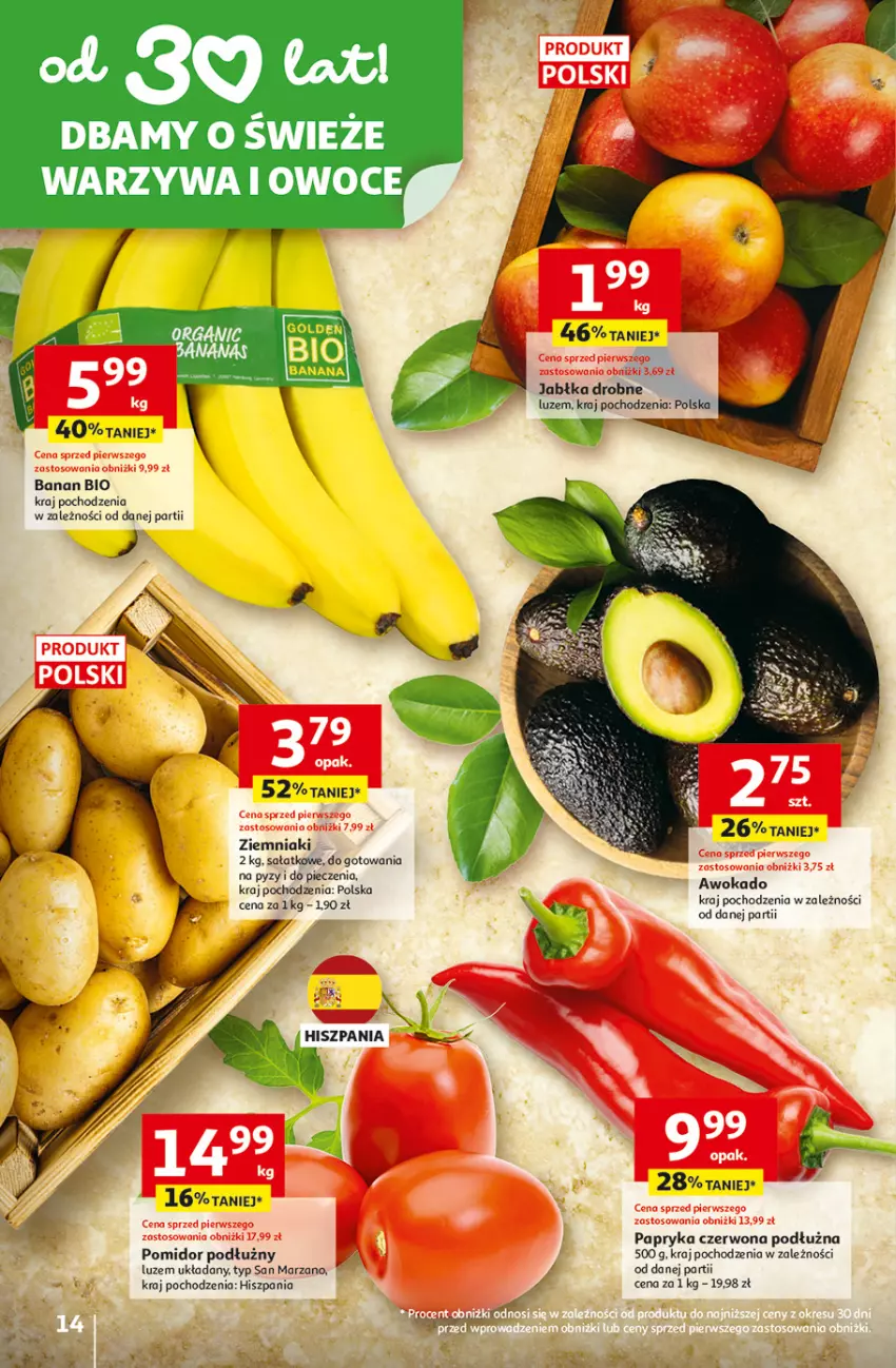 Gazetka promocyjna Auchan - Gazetka 30 Lat Hipermarket Auchan - ważna 26.03 do 30.03.2026 - strona 14 - produkty: Jabłka, Owoce, Papryka, Papryka czerwona, Piec, Sałat, Warzywa, Warzywa i owoce, Ziemniaki