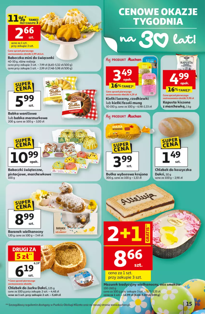 Gazetka promocyjna Auchan - Gazetka 30 Lat Hipermarket Auchan - ważna 26.03 do 30.03.2026 - strona 15 - produkty: Babeczki, Babka, Bułka, Chleb, Fa, Fasoli mung, Kiełki, Kosz, Ser, Wyborowa