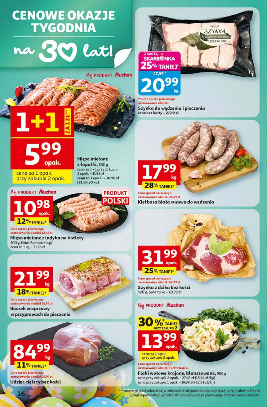 Gazetka promocyjna Auchan - Gazetka 30 Lat Hipermarket Auchan - ważna 26.03 do 30.03.2026 - strona 16 - produkty: Boczek, Boczek wieprzowy, Flaki, Flaki wołowe, Kiełbasa, Kiełbasa biała, Kotlet, Mięso, Mięso mielone, Piec, Szynka, Udziec cielęcy