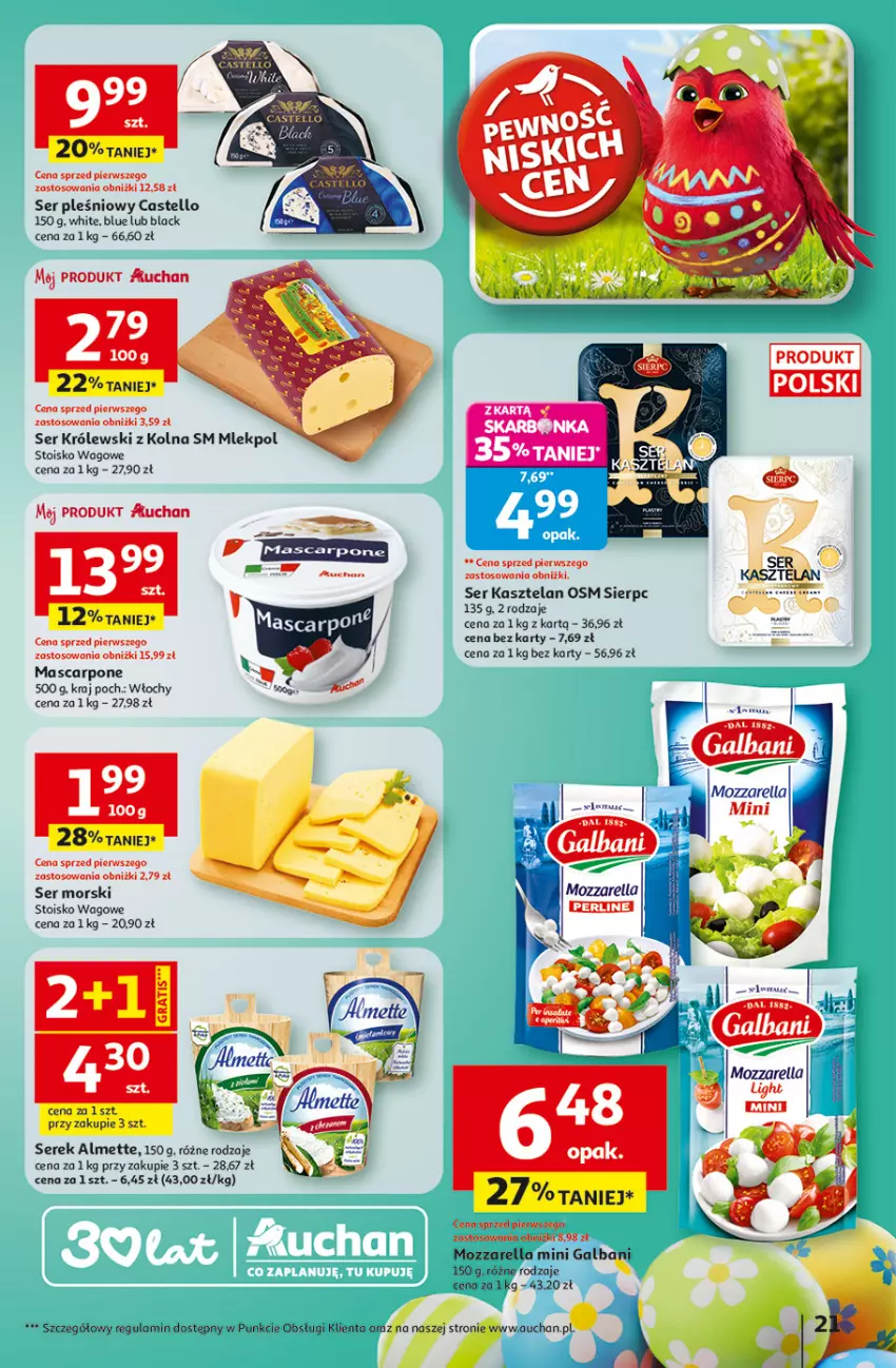 Gazetka promocyjna Auchan - Gazetka 30 Lat Hipermarket Auchan - ważna 26.03 do 30.03.2026 - strona 21 - produkty: Almette, Galbani, Kasztelan, Królewski, Lack, Mozzarella, Ser, Ser Kasztelan, Ser pleśniowy, Serek