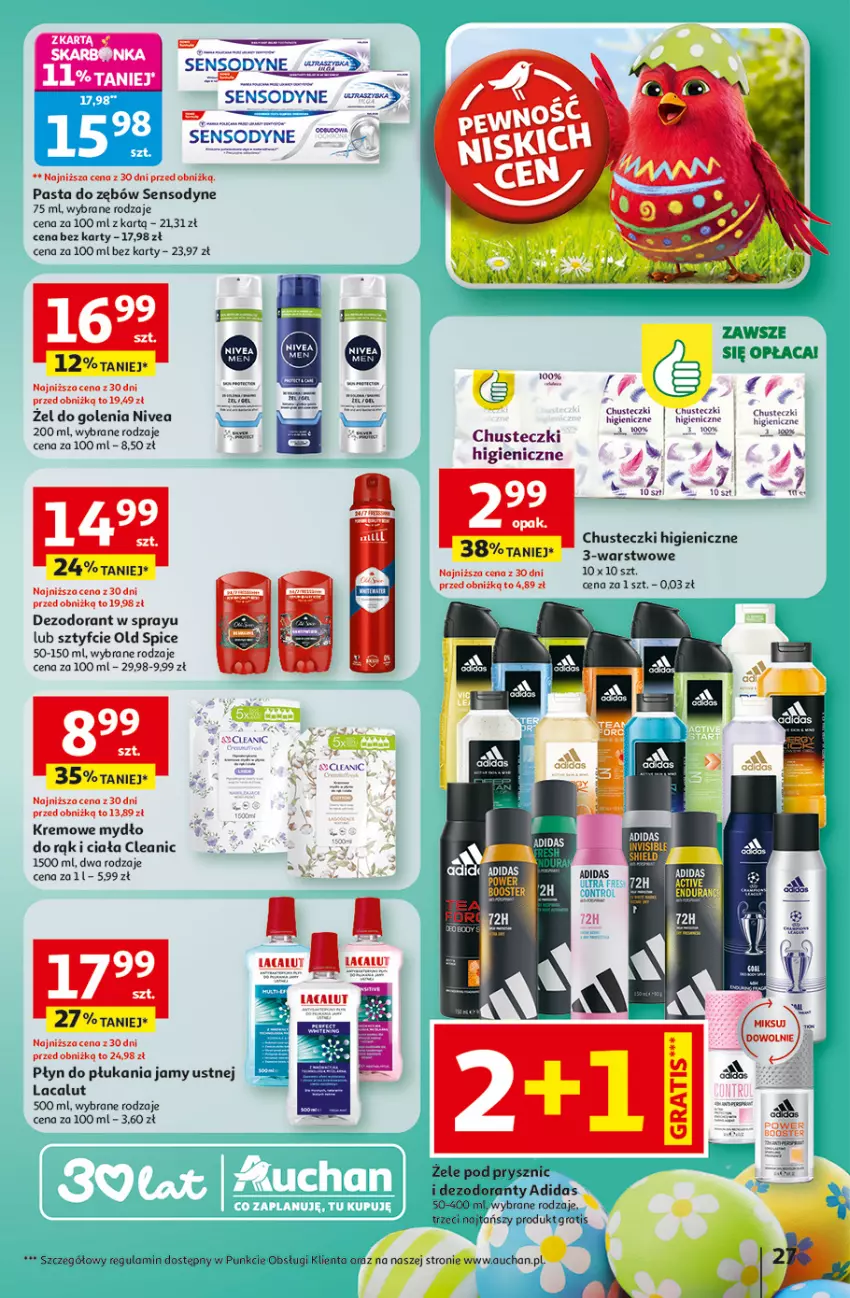 Gazetka promocyjna Auchan - Gazetka 30 Lat Hipermarket Auchan - ważna 26.03 do 30.03.2026 - strona 27 - produkty: Adidas, Booster, Chusteczki, Cleanic, Dezodorant, Gra, Lacalut, Mydło, Nivea, Old Spice, Pasta do zębów, Płyn do płukania, Płyn do płukania jamy ustnej, Sensodyne