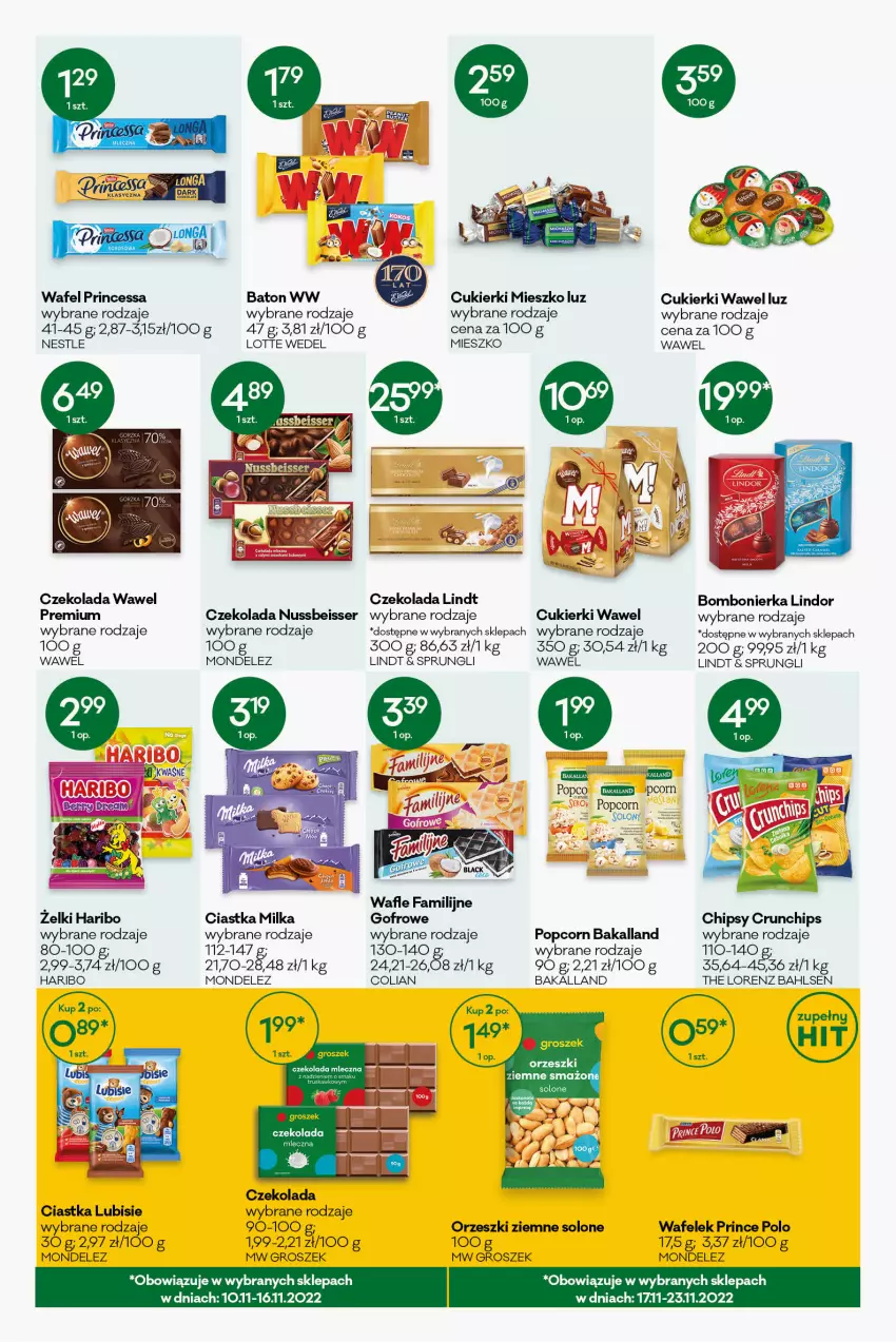 Gazetka promocyjna Groszek - ważna 10.11 do 22.11.2022 - strona 9 - produkty: Bakalland, Baton, Chipsy, Ciastka, Crunchips, Cukier, Cukierki, Czekolada, Czekolada mleczna, Fa, Groszek, Haribo, Lindor, Lindt, Lorenz, Lubisie, Milka, Orzeszki, Orzeszki ziemne, Popcorn, Prince Polo, Princessa, Ser, Wafelek, Wafle, Wawel