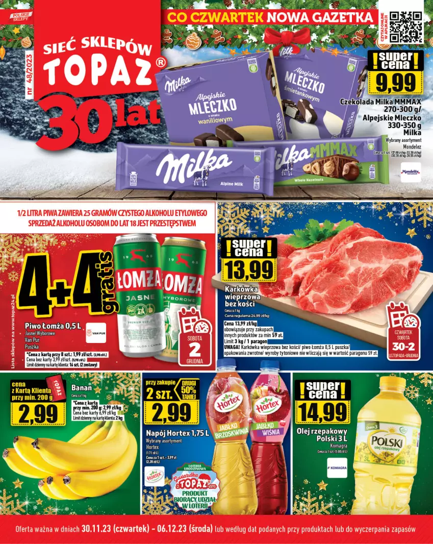 Gazetka promocyjna Topaz - Gazetka - ważna 30.11 do 06.12.2023 - strona 1 - produkty: Czekolada, Gra, Karkówka wieprzowa, Milka, Mleczko, Olej, Olej rzepakowy, Piwa, Piwo, Pur, Top, Waga