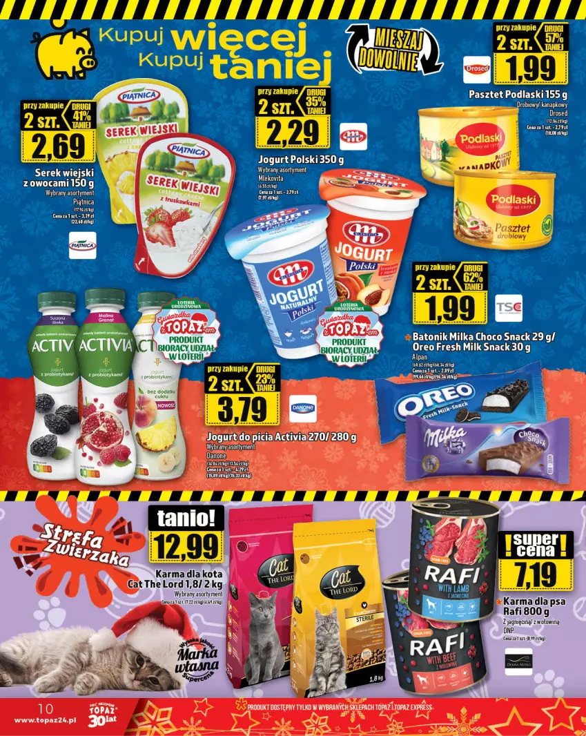 Gazetka promocyjna Topaz - Gazetka - ważna 30.11 do 06.12.2023 - strona 10 - produkty: Baton, Danone, Jogurt, Milka, Oreo, Pasztet, Piątnica, Podlaski, Ser, Serek, Sos, Tonik