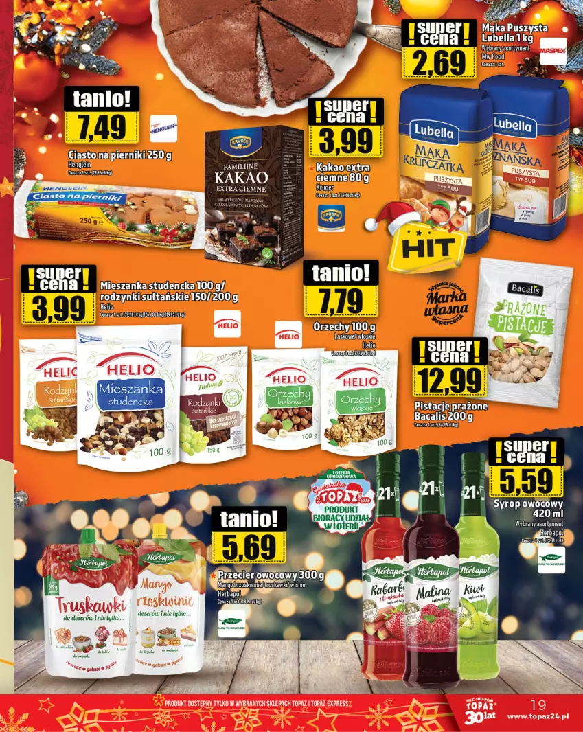 Gazetka promocyjna Topaz - Gazetka - ważna 30.11 do 06.12.2023 - strona 19 - produkty: Bell, Bella, Brzoskwinie, Fa, Herbapol, Kakao, LG, Lubella, Mąka, Mango, Piernik, Por, Rodzynki, Top, Truskawki