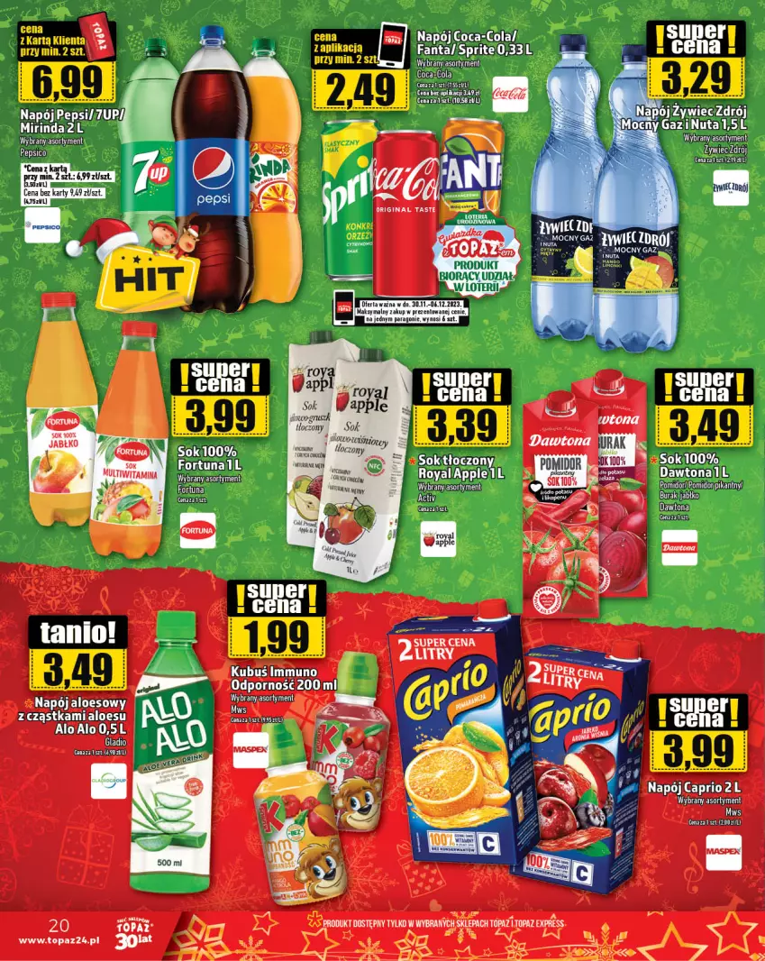 Gazetka promocyjna Topaz - Gazetka - ważna 30.11 do 06.12.2023 - strona 20 - produkty: 7up, Coca-Cola, Dawtona, Fa, Fanta, Fortuna, Kubuś, Mirinda, Napój, Pepsi, Por, Sok, Sprite, Top