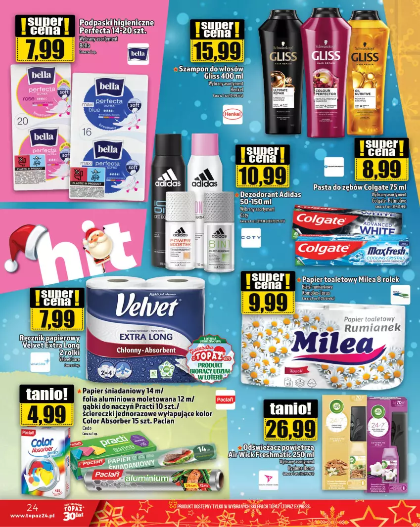 Gazetka promocyjna Topaz - Gazetka - ważna 30.11 do 06.12.2023 - strona 24 - produkty: Adidas, Bell, Bella, Booster, Danio, Dezodorant, Folia aluminiowa, Papier, Papier toaletowy, Perfecta, Rama, Rum, Top