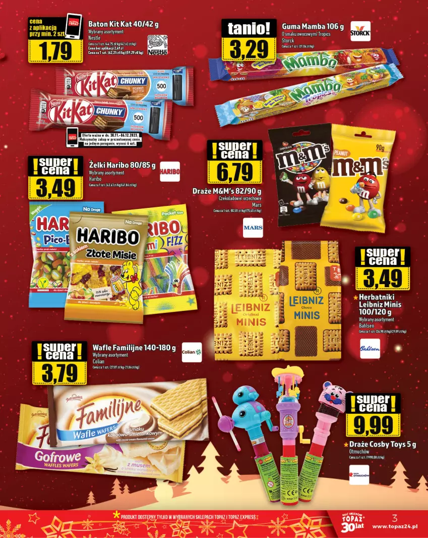 Gazetka promocyjna Topaz - Gazetka - ważna 30.11 do 06.12.2023 - strona 3 - produkty: Baton, Fa, Haribo, Herbatniki, Kit Kat, LG, Mamba, Top, Wafle