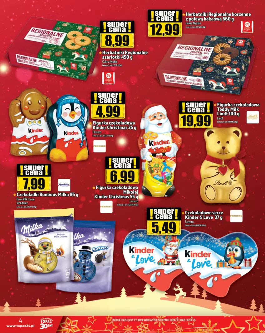 Gazetka promocyjna Topaz - Gazetka - ważna 30.11 do 06.12.2023 - strona 4 - produkty: Ferrero, Herbatniki, Kakao, Kinder, LG, Lindt, Milka, Oreo, Top