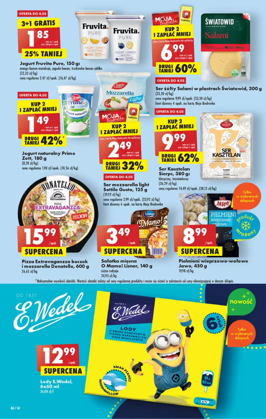 Gazetka promocyjna Biedronka - ważna 02.03 do 08.03.2023 - strona 40 - produkty: Boczek, Dron, Gra, Jabłka, Jogurt, Jogurt naturalny, Kasztelan, Lisner, Mozzarella, Pizza, Pur, Salami, Sałat, Sałatka, Ser, Ser Kasztelan, Sok, Zott