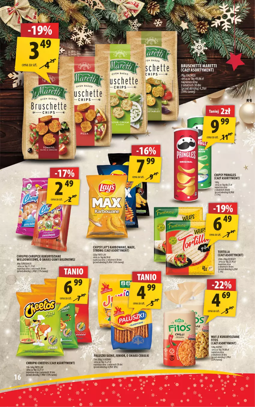 Gazetka promocyjna Arhelan - Gazetka - ważna 29.11 do 08.12.2024 - strona 16 - produkty: Bruschette, Cheetos, Chipsy, Chrupki, Kupiec, Lajkonik, Piec, Pringles, Tera, Tortilla, Wafle