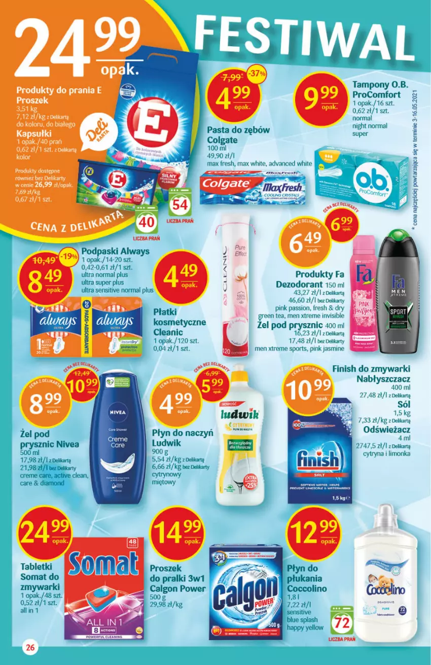 Gazetka promocyjna Delikatesy Centrum - Gazetka Delikatesy Centrum - ważna 08.07 do 14.07.2021 - strona 26 - produkty: Always, Calgon, Cleanic, Coccolino, Colgate, Dezodorant, Fa, Finish, Koc, LG, Ludwik, Nivea, O.B., Pasta do zębów, Podpaski, Por, Pralki, Sól, Somat, Sport, Tablet, Tampony, Zmywarki