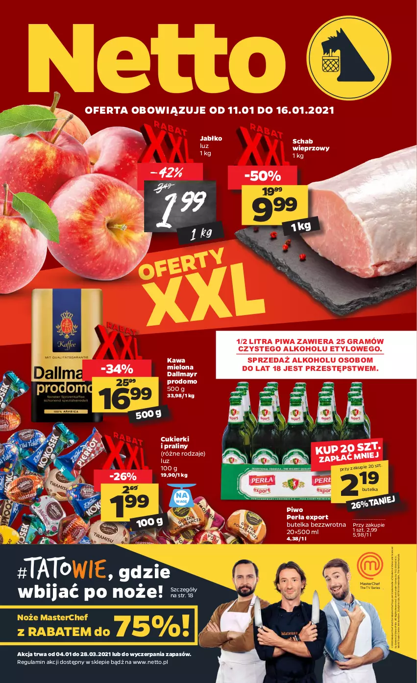 Gazetka promocyjna Netto - Oferta tygodnia - ważna 11.01 do 16.01.2021 - strona 1 - produkty: Cukier, Cukierki, Dallmayr, Gra, Kawa, Kawa mielona, Noż, Perła, Piwa, Piwo, Por, Praliny, Schab wieprzowy, Ser