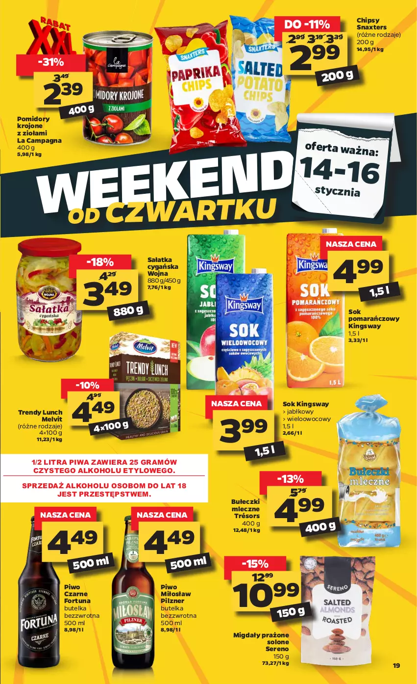 Gazetka promocyjna Netto - Oferta tygodnia - ważna 11.01 do 16.01.2021 - strona 19 - produkty: Bułeczki, Bułeczki mleczne, Chipsy, Fortuna, Gra, Melvit, Migdały, Piwa, Piwo, Pomidory, Pomidory krojone, Sałat, Sałatka, Ser, Sok, Sok pomarańczowy