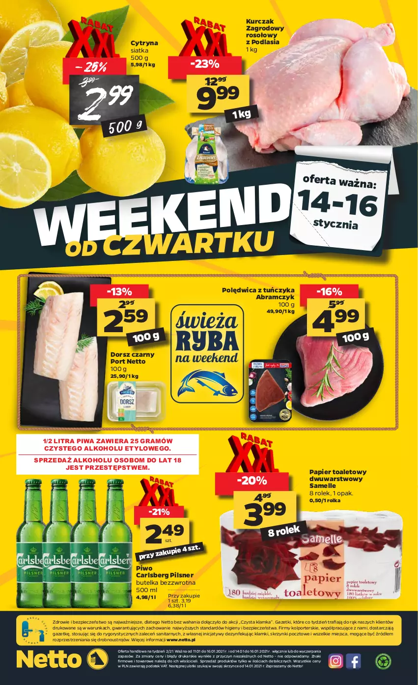 Gazetka promocyjna Netto - Oferta tygodnia - ważna 11.01 do 16.01.2021 - strona 20 - produkty: Carlsberg, Dorsz, Gra, Klamka, Kurczak, Papier, Papier toaletowy, Piec, Piwa, Piwo, Polędwica, Por, Siatka, Tuńczyk, Zdrowie